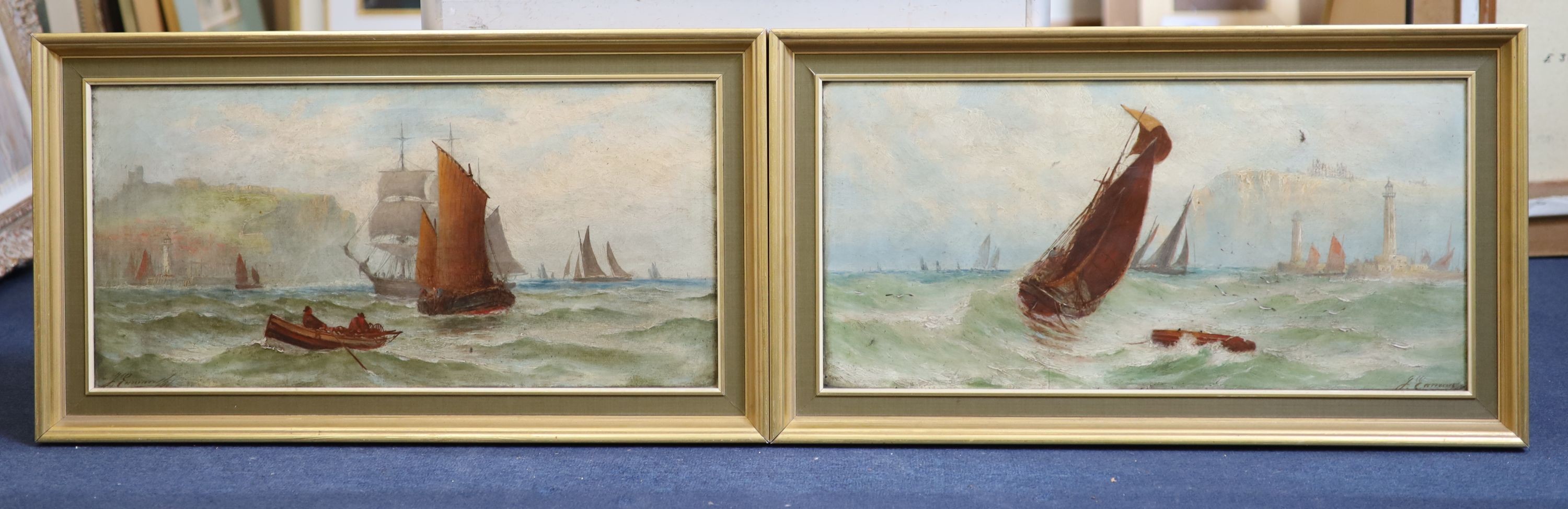 Joseph Eaman (1853-1907), Off Scarborough & Whitby, pair of oils on canvas, 29 x 60cm.